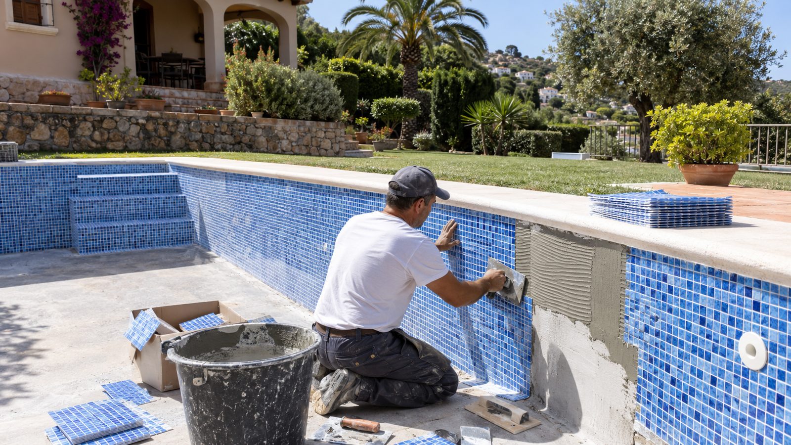 Alicatador colocando gresite en una piscina de obra