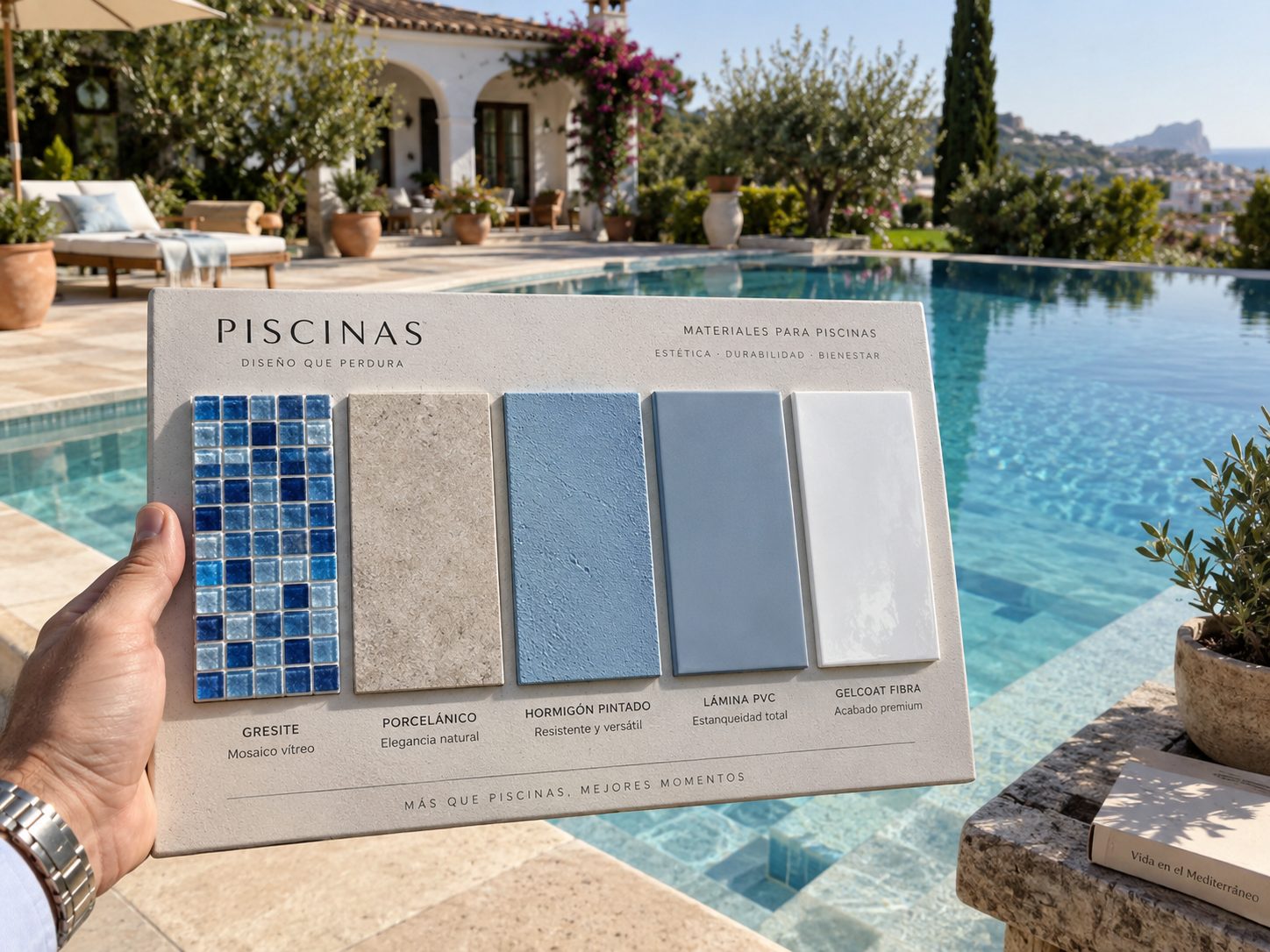 Muestrario comparativo de materiales de revestimiento de piscinas: gresite, gres porcelánico, hormigón pintado, lámina PVC y gelcoat