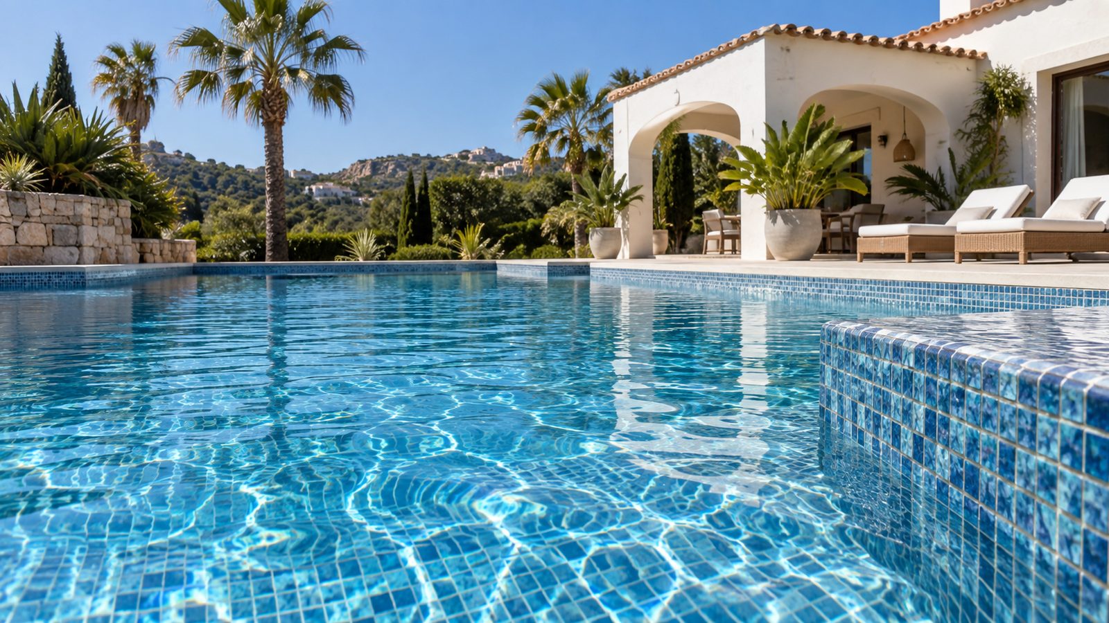 Coronación de piscina con borde de piedra natural