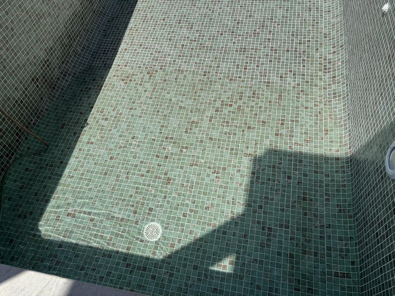 Detalle del gresite y el sumidero de fondo de una piscina, uno de los puntos que se revisan en cada visita