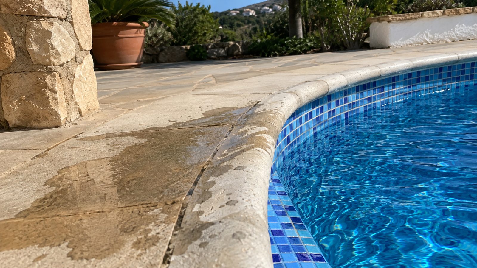 Mancha de humedad junto al borde de una piscina de gresite, señal de fuga