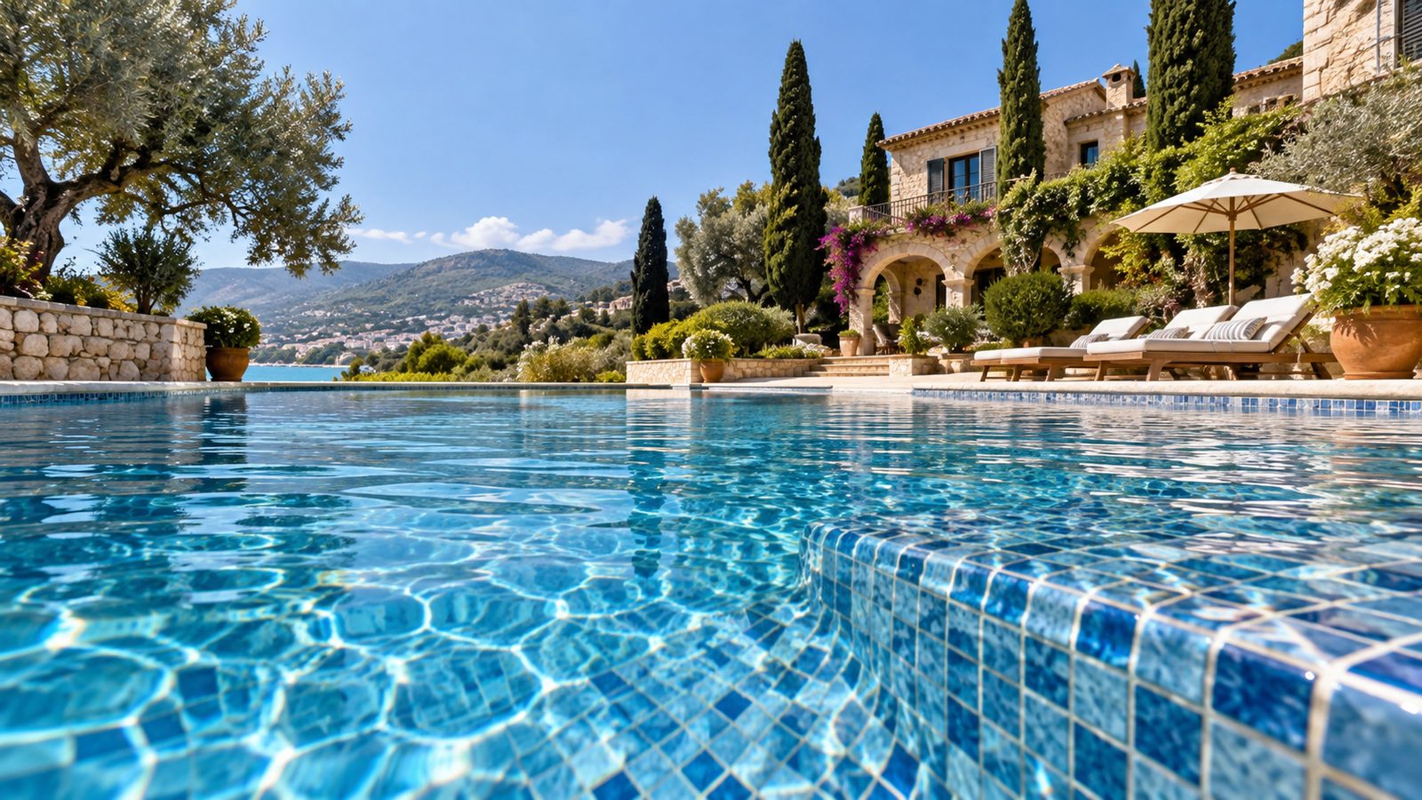 Piscina de obra terminada con gresite en mosaico azul