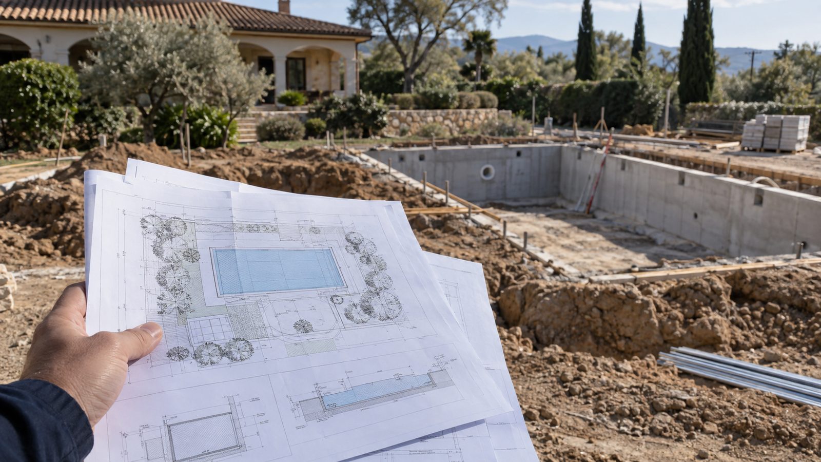 Planos de construcción de una piscina junto a la obra, trámite de licencia en Madrid