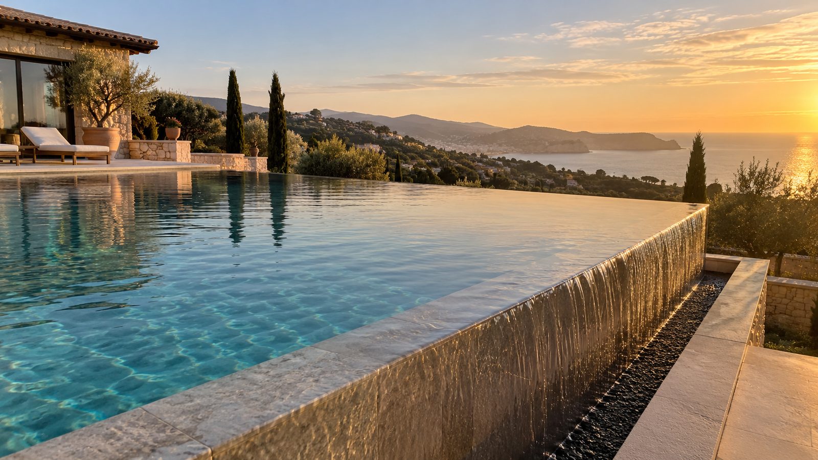 Piscina desbordante tipo infinity con vistas al paisaje