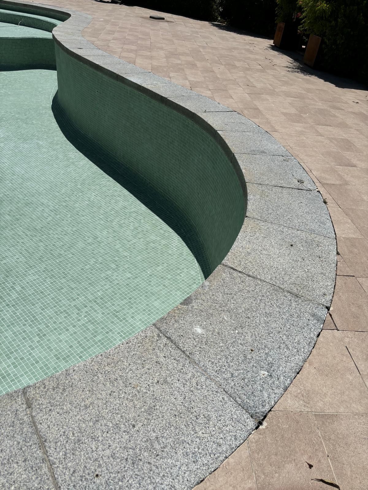 Piscina de forma libre con gresite verde y coronación de piedra