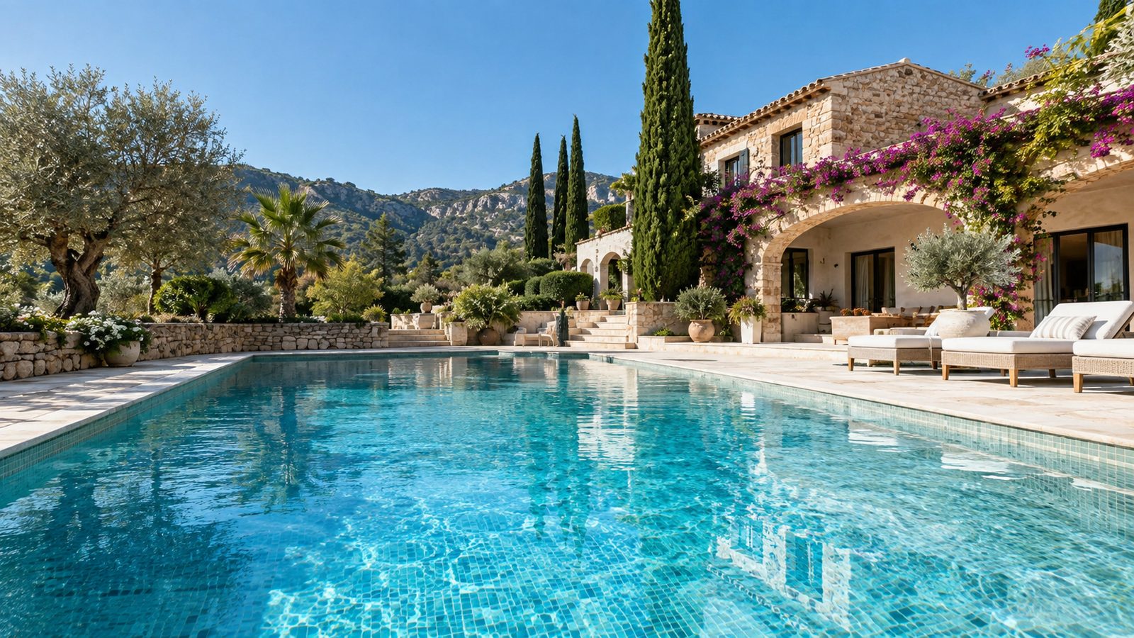 Piscina de obra con revestimiento de gres porcelánico en un chalet de Madrid, obra de Revespi