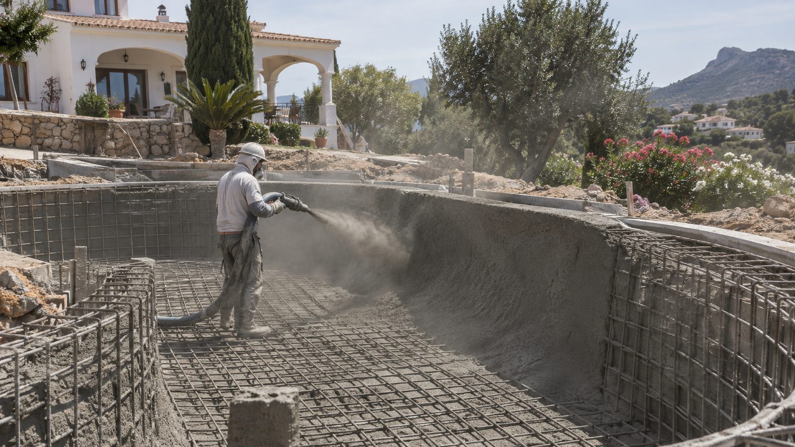Proyección de gunitado sobre la estructura de una piscina en construcción