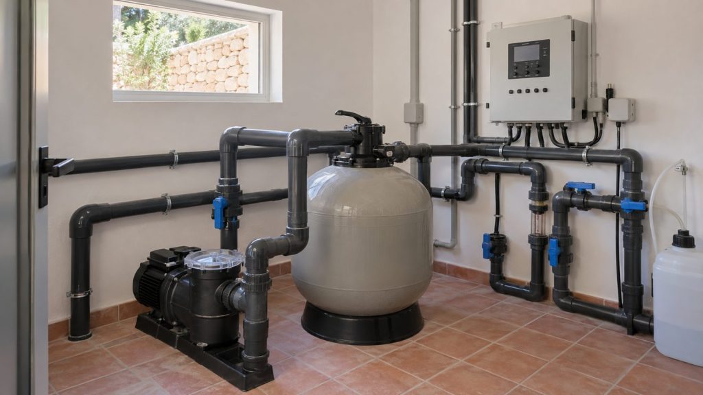 Sala de máquinas de piscina con filtro y bomba