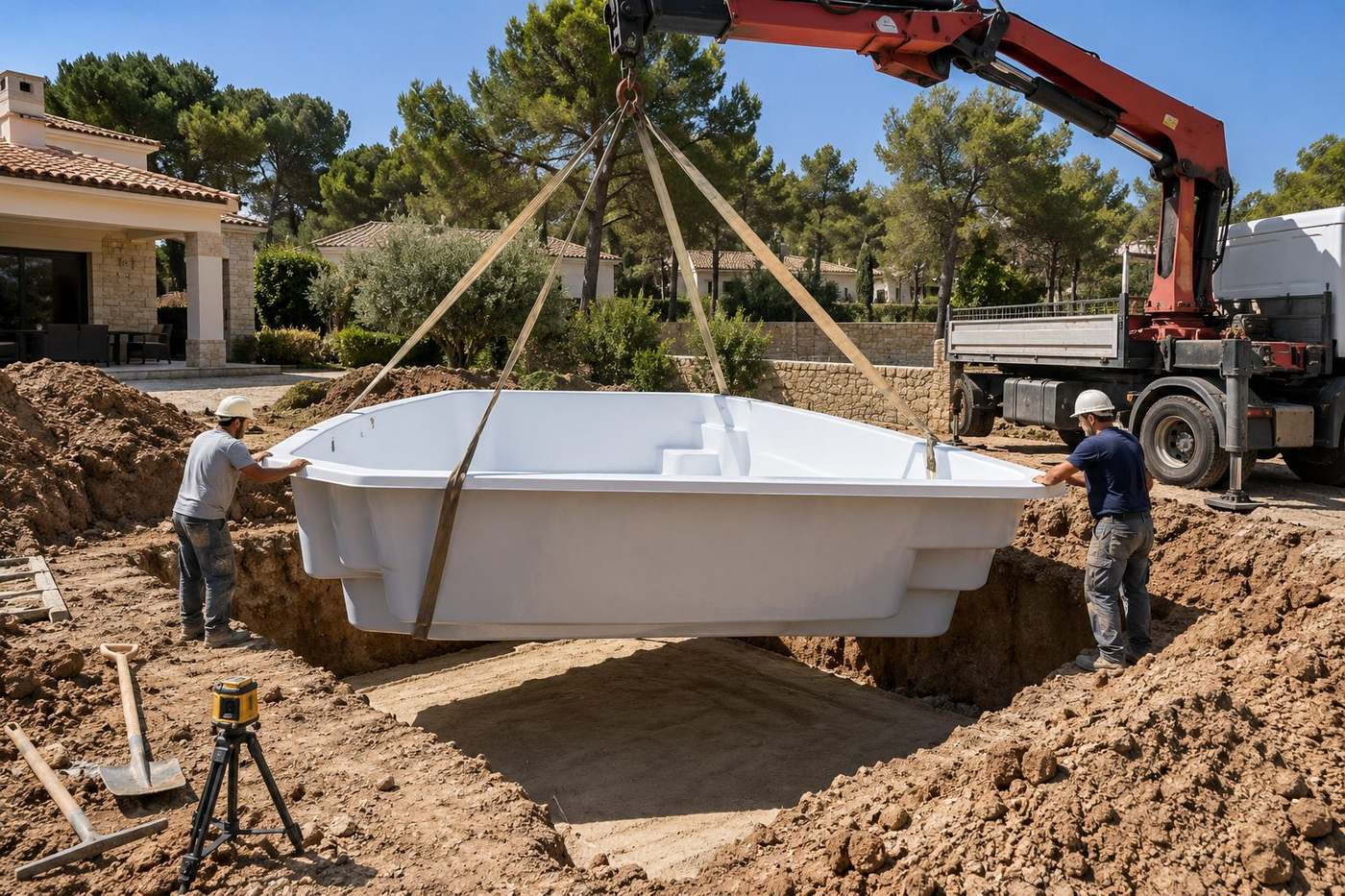Casco de piscina de poliéster descendiendo con grúa al hoyo excavado