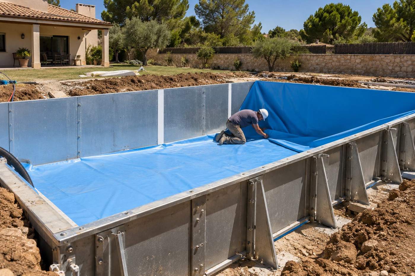 Piscina de panel de acero con el liner azul a medio colocar