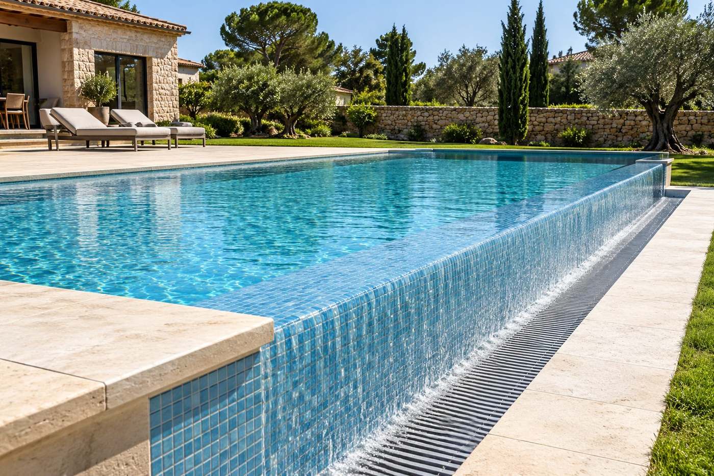 Piscina desbordante rebosando hacia el canalón perimetral con rejilla