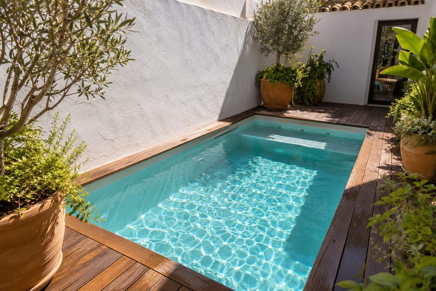 Piscina pequeña de obra encajada en un patio con tarima de madera