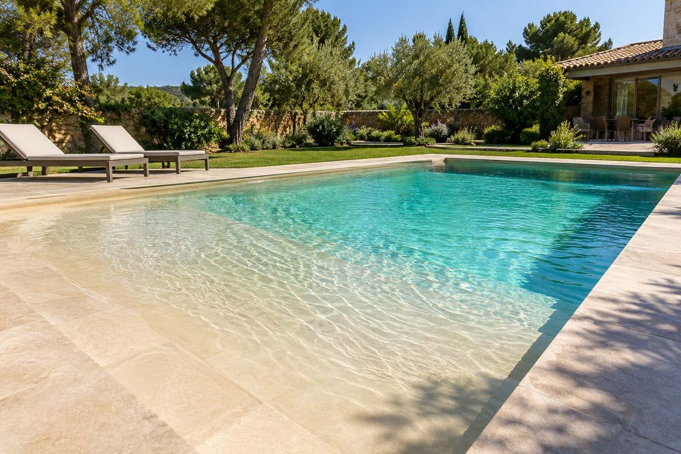 Piscina con playa de entrada en rampa de pendiente suave
